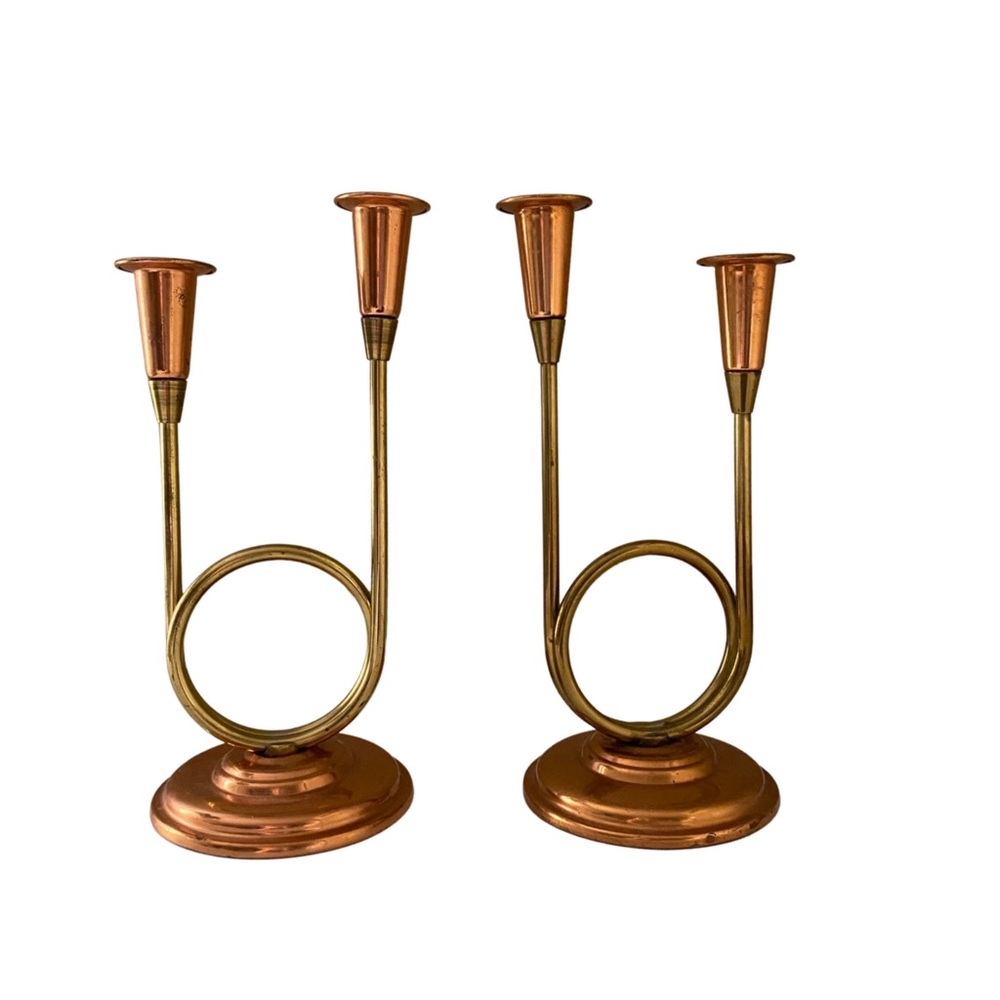 Vintage horn candle holder pair copper craft guild candlestick brass